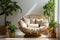 A cozy place near the window. Papasan chair. Modern minimalist room design