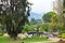 Cozy place in the park for relaxation. table with chairs on the lawn in the relax park.