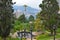 Cozy place in the park for relaxation. table with chairs on the lawn in the relax park.