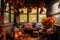 cozy porch corner with colorful autumn wreaths and lanterns