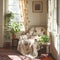 A cozy reading nook bathed in natural sunlight, featuring spring-inspired decor such as floral-printed