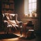 Cozy reading nook, with book pile and armchair