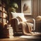 Cozy reading nook, with book pile and armchair