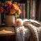 Cozy Reading Nook with Knitted Blanket and Paperback Novels