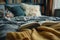 Cozy Reading Nook with Open Book on Bed, Surrounded by Textured Pillows and Warm Knit Blanket