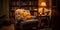 Cozy reading nook plush armchair, bookshelf filled with books of all genres, reading time, elegant interior design