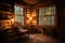 cozy reading nook in rustic cabin with lantern lighting, view of the forest and warm fire