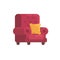 Cozy red armchair with orange pillow. Home furniture flat icon