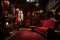 A cozy red couch enhances the living room ambiance next to a warm fireplace, Vampire Dracula castle interior, victorian red