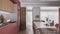 Cozy red and wooden kitchen in modern apartment, Island with stools, parquet. Oven, stove, sink and accessories, hob with pots,