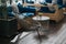 Cozy restaurant interior with wooden blue modern sofas