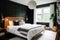 cozy retro bedroom with plush white bedding and black accent wall for a stylish and inviting space