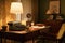 cozy retro room with typewriter, rotary phone, and stack of paper on desk