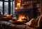 a cozy room with coffee, books and candles, a fireplace, and a couch