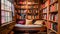 A cozy room filled with books and a couch, creating a perfect reading nook, A cozy reading nook surrounded by towering book stacks