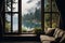 A cozy room with a serene view of a misty lake and mountains