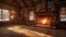 A cozy room in a wooden house with a fireplace, winter and snow outside.