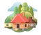 Cozy rural houses. Funny cartoon style. Country suburban village. Farm hut in the garden. Fairy tale illustration for