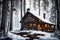 A cozy, rustic cabin nestled in the snowy woods, smoke rising from the chimney
