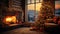 Cozy rustic chalet interior with magical Christmas decor. Blazing fireplace, garlands and burning candles, elegant