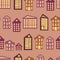 Cozy Scandinavian style evening childrens houses in warm colors. Vector illustration, seamless pattern for nursery