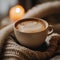 A cozy scene with a cappuccino cup, latte art, soft blankets, and warm candlelight.