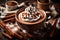 A cozy scene of a cup of cocoa topped with whipped cream and a dusting of cocoa powder