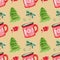 Cozy seamless pattern, colorful watercolor elements, spruce, mug, green bow and berries on a beige background.
