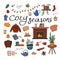 Cozy seasons. Big set of hygge icons and handwritten lettering. Cute elements for posters, cards, stickers and seasonal