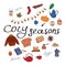 Cozy seasons. Big set of hygge icons and handwritten lettering. Cute elements for posters, cards, stickers and seasonal