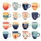 cozy set of watercolor cute ceramic cups with botanical pattern