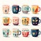 cozy set of watercolor cute ceramic cups, mugs with botanical pattern