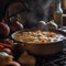 A cozy shot of a homemade soup simmering on the stove