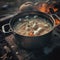 A cozy shot of a homemade soup simmering on the stove