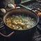 A cozy shot of a homemade soup simmering on the stove