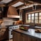 A cozy ski chalet kitchen with exposed wooden beams, a stone fireplace, and copper cookware4