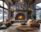 Cozy ski lodge living room with a stone fireplace and comfortable seating3D render