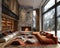 Cozy ski lodge living room with a stone fireplace and comfortable seating3D render