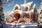 Cozy Snow-Covered Christmas House with Sparkling Garlands and Festive New Years Lights
