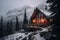 Cozy snowcapped cabin in mountains valley during sunny morning. Generative AI