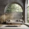 Cozy sofa against of arched windows in room with concrete wall. Loft Interior design of modern minimalist living room