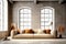 Cozy sofa against of arched windows in room with concrete wall. Loft Interior design of modern minimalist living room. Created