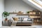 Cozy sofa against skylight window near grey wall with wooden shelf. Scandinavian interior design