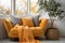 Cozy sofa with orange cushions near white wall with curtain against window. Scandinavian style home interior design of modern