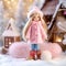 Cozy still life in delicate pink with charming Christmas doll girl, lantern and balls of yarn next to the white Christmas tree