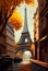 Cozy street of Paris with a view of the Eiffel Tower. AI generated