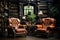 A cozy study in a \\\'70s mansion adorned with mahogany bookshelves, vintage leather armchairs, capturing the nostalgia and