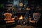 A cozy study in a \\\'70s mansion adorned with mahogany bookshelves, vintage leather armchairs, capturing the nostalgia and