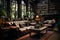 A cozy study in a \\\'70s mansion adorned with mahogany bookshelves, vintage leather armchairs, capturing the nostalgia and