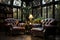 A cozy study in a \\\'70s mansion adorned with mahogany bookshelves, vintage leather armchairs, capturing the nostalgia and